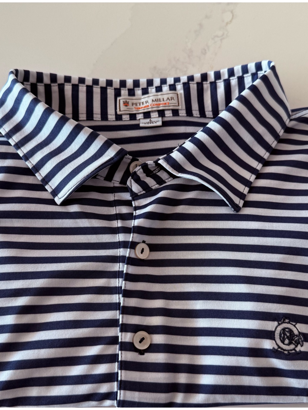 Peter Millar Navy and White Striped Polo Men’s Large